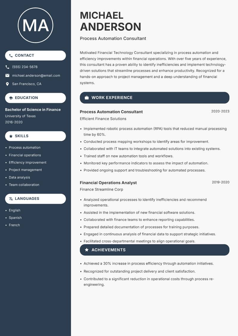 Financial Technology Consultant resume sample — Process Automation Consultant focus