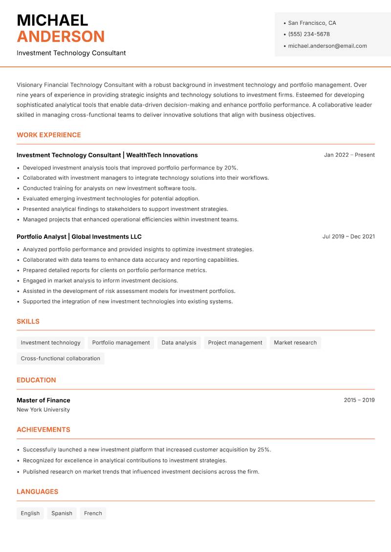 Financial Technology Consultant resume sample — Investment Technology Consultant focus
