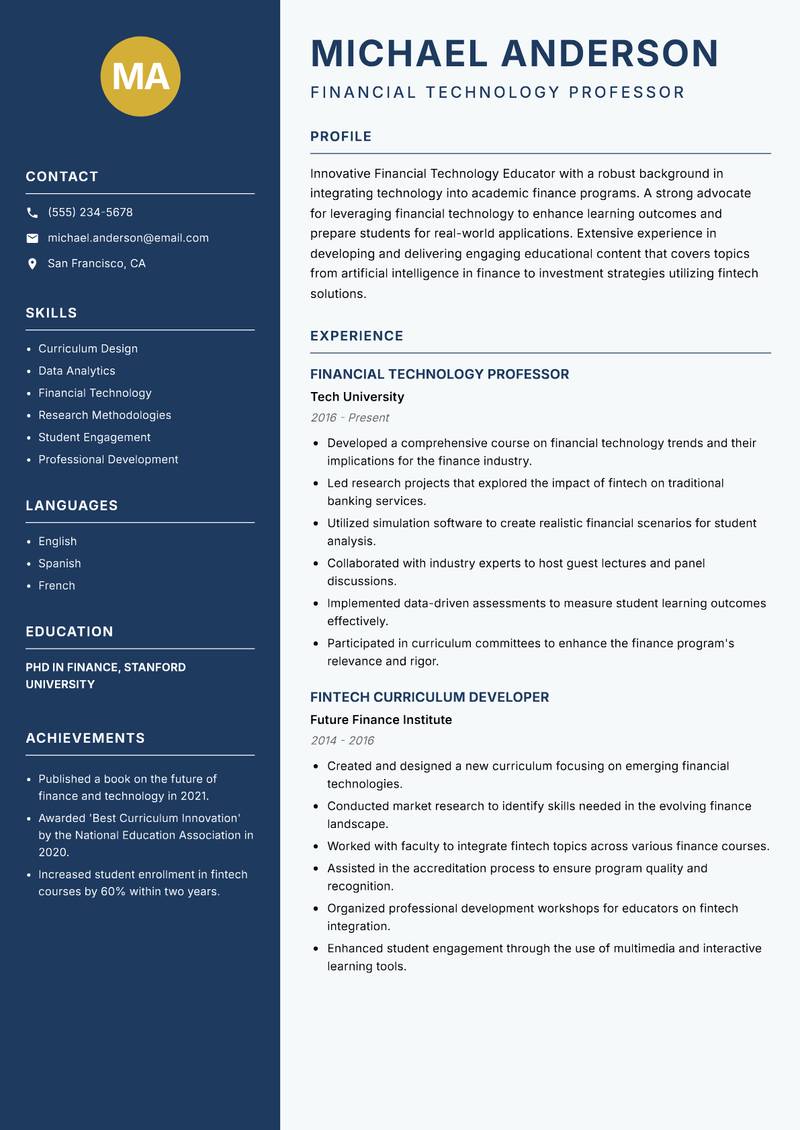 Financial Technology Educator resume sample — Financial Technology Professor focus
