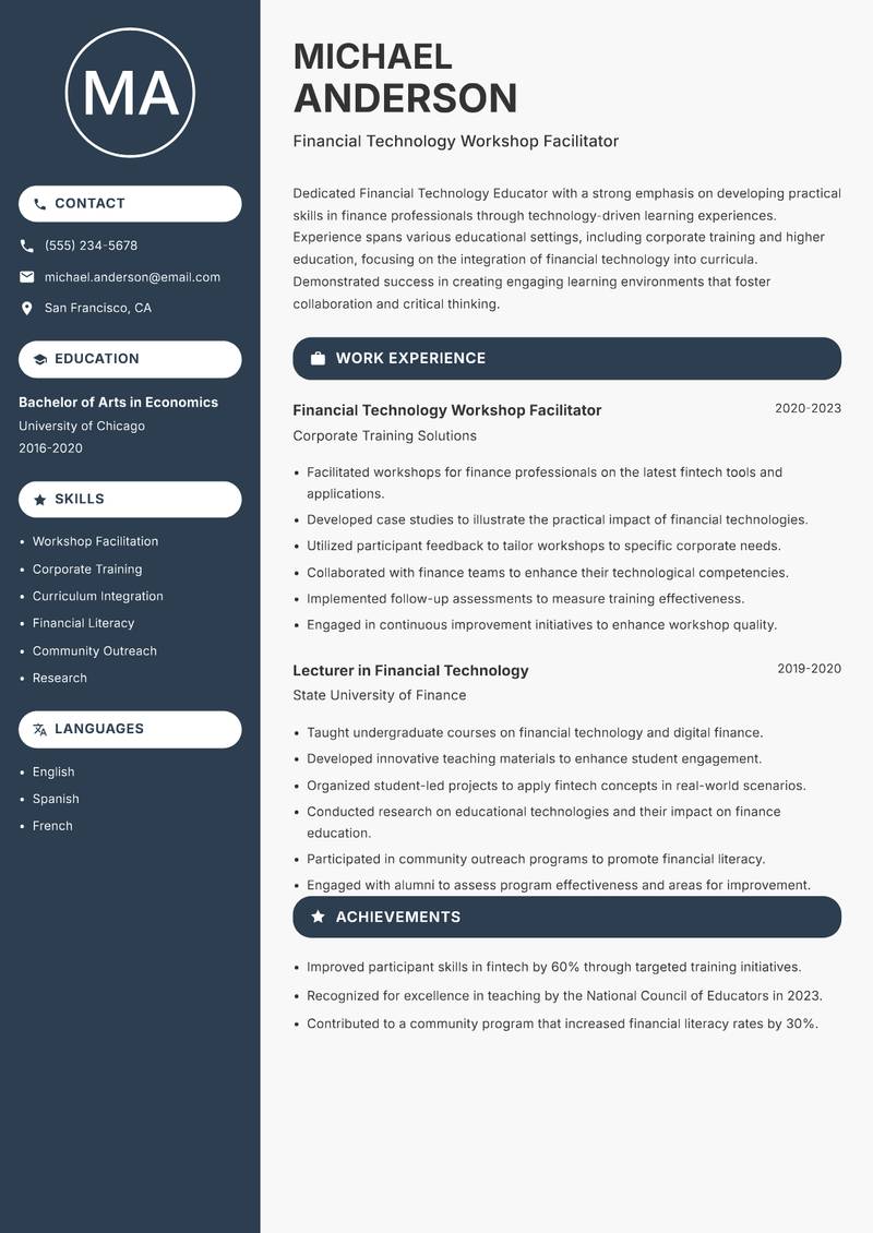 Financial Technology Educator resume sample — Financial Technology Workshop Facilitator focus