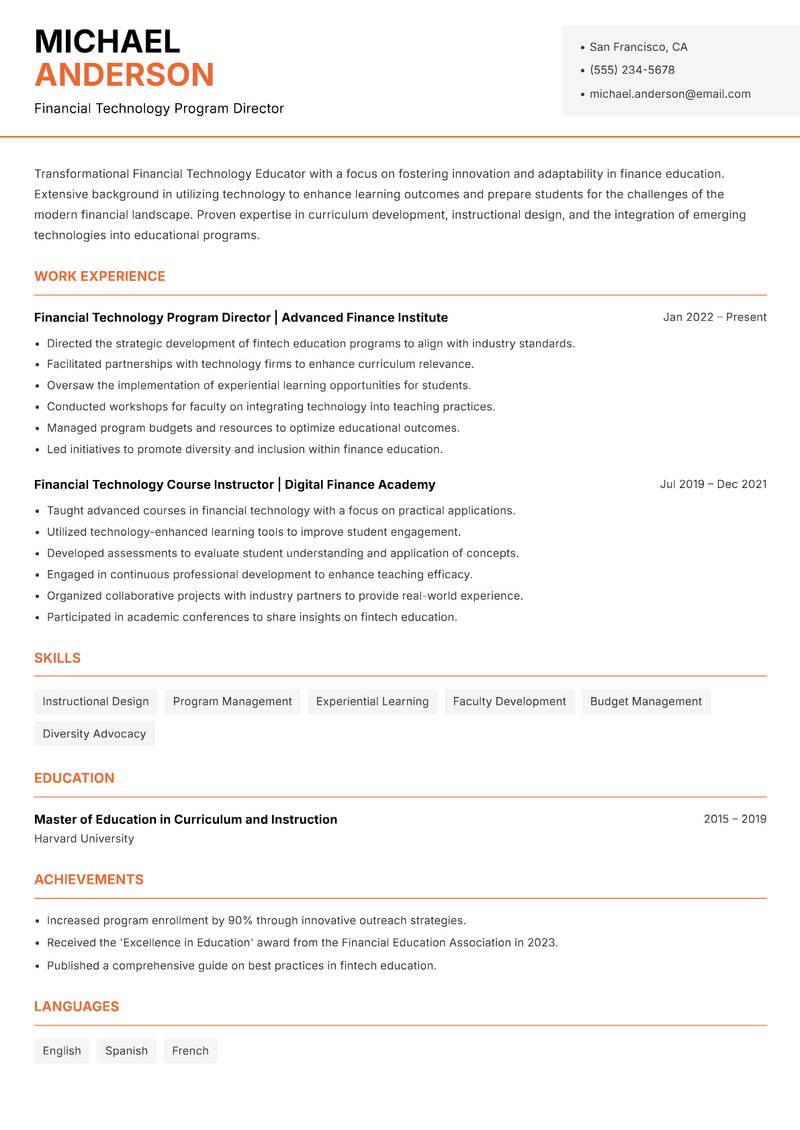 Financial Technology Educator resume sample — Financial Technology Program Director focus
