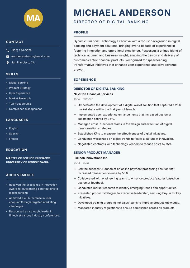 Financial Technology Executive resume sample — Director of Digital Banking focus