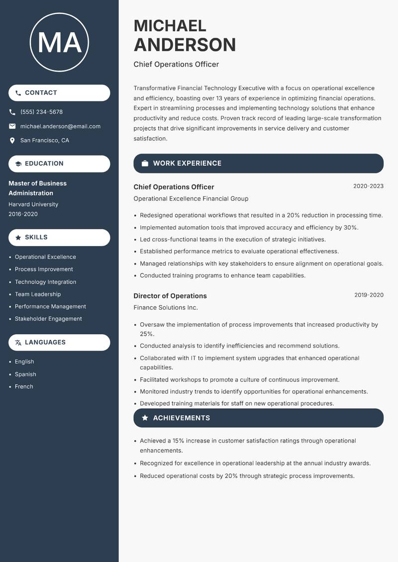 Financial Technology Executive resume sample — Chief Operations Officer focus