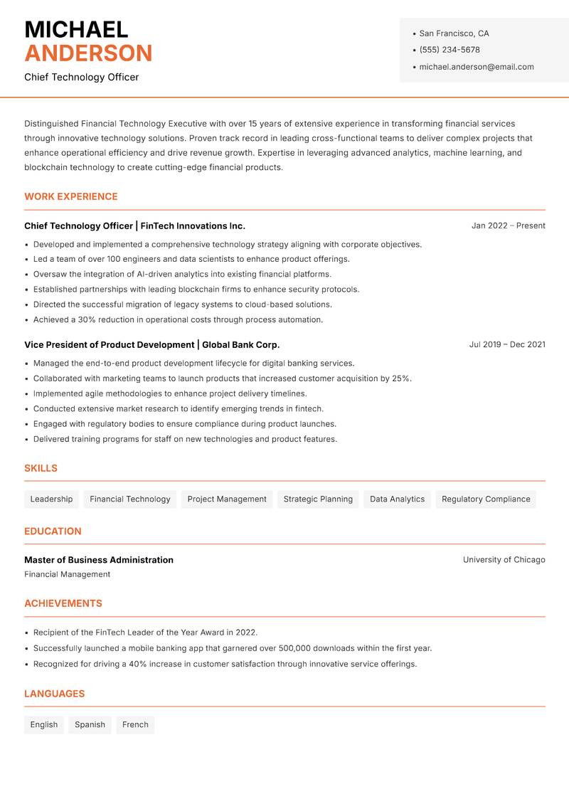 Financial Technology Executive resume sample — Chief Technology Officer focus