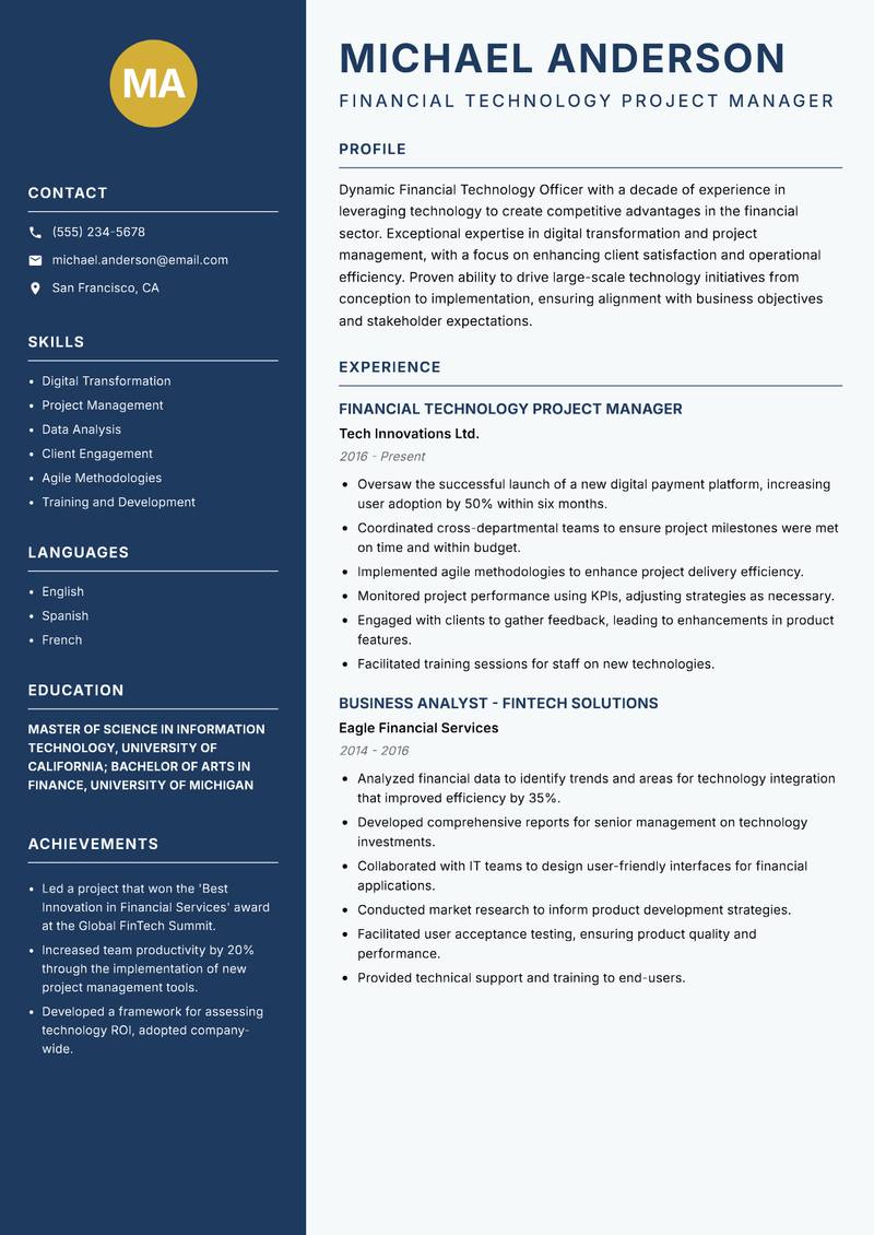Financial Technology Officer resume sample — Financial Technology Project Manager focus