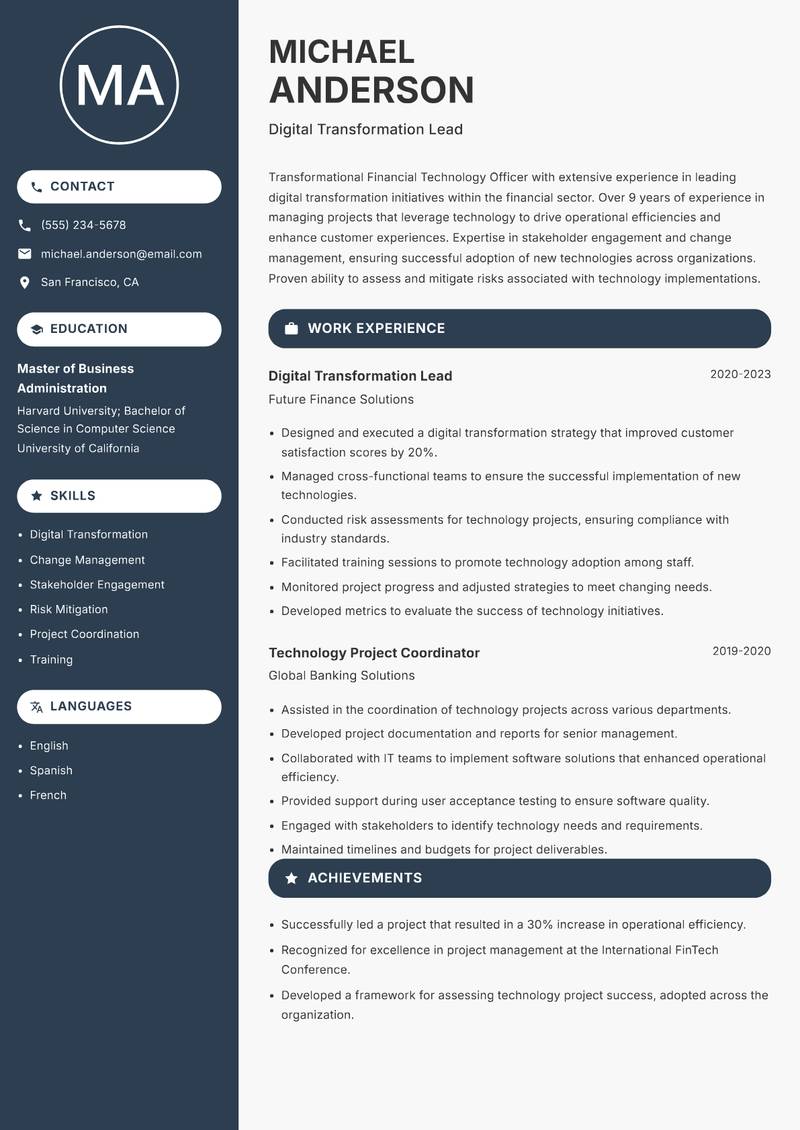 Financial Technology Officer resume sample — Digital Transformation Lead focus