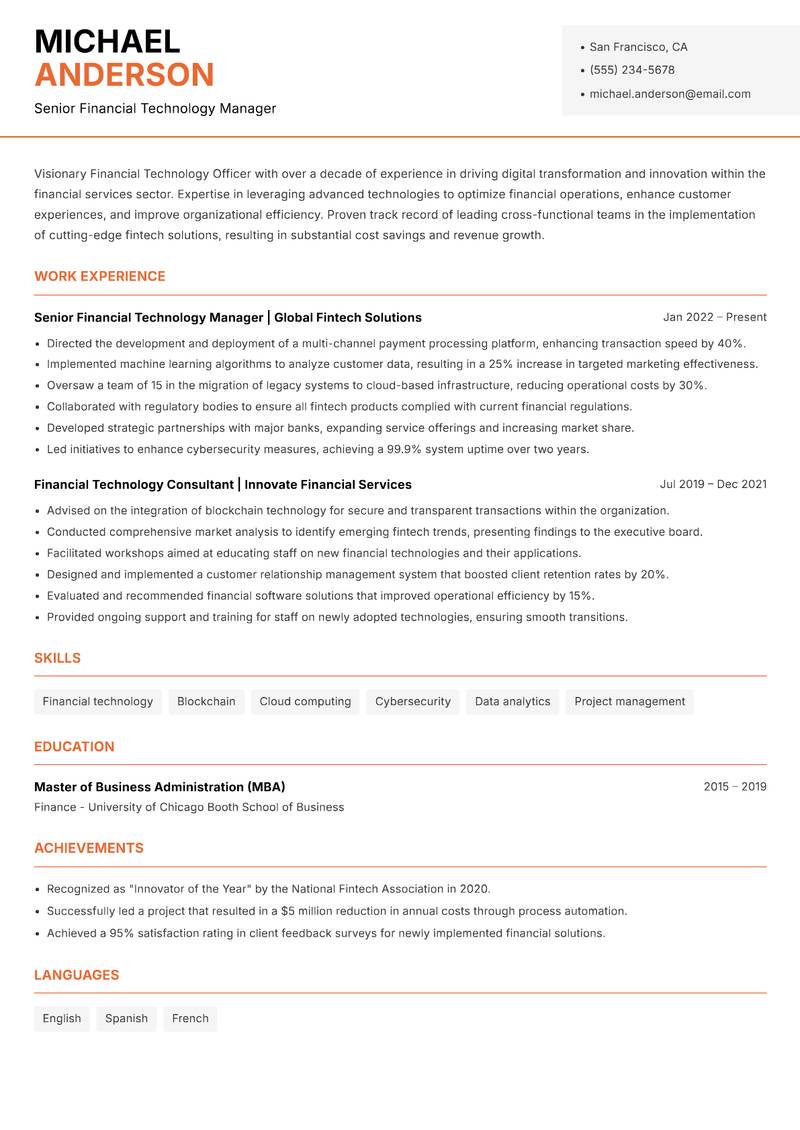 Financial Technology Officer resume sample — Senior Financial Technology Manager focus