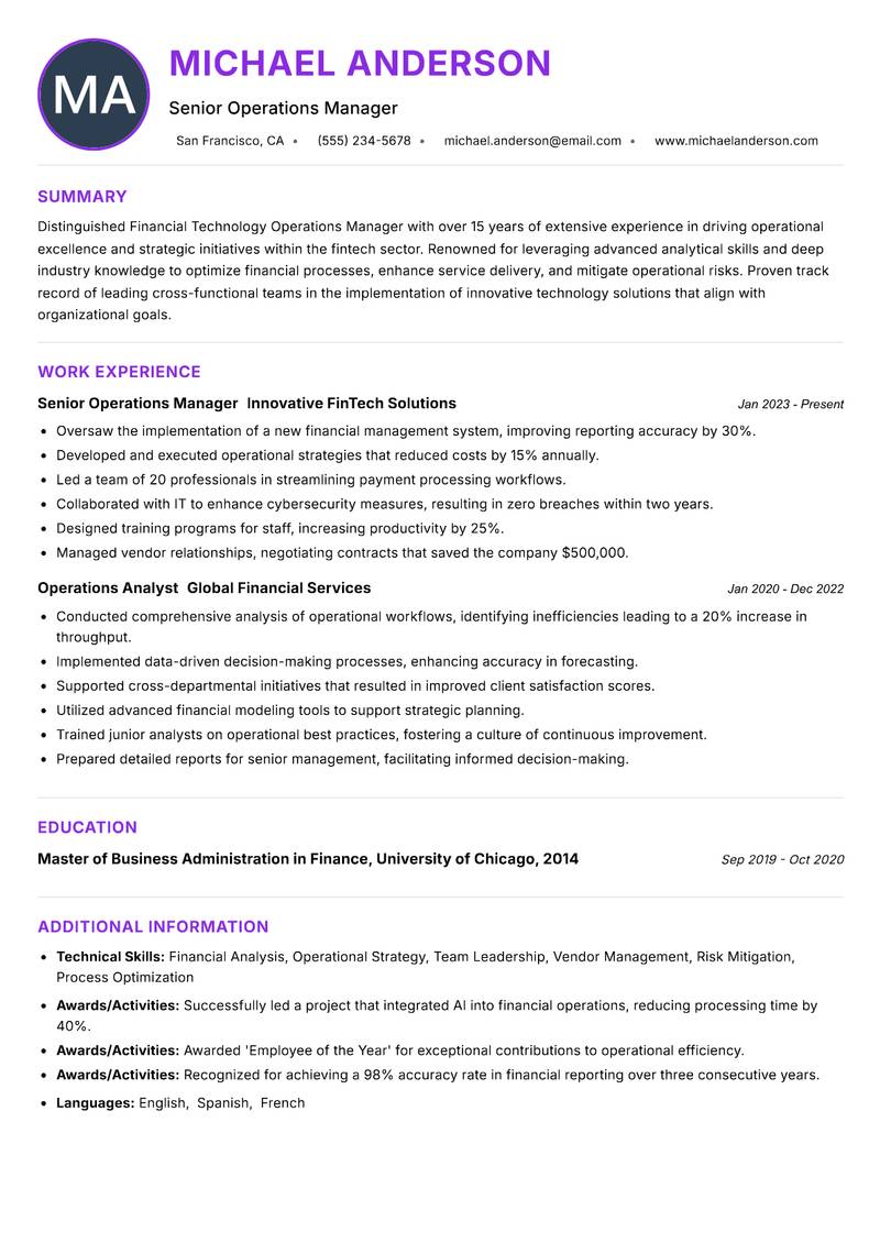 Financial Technology Operations Manager resume example