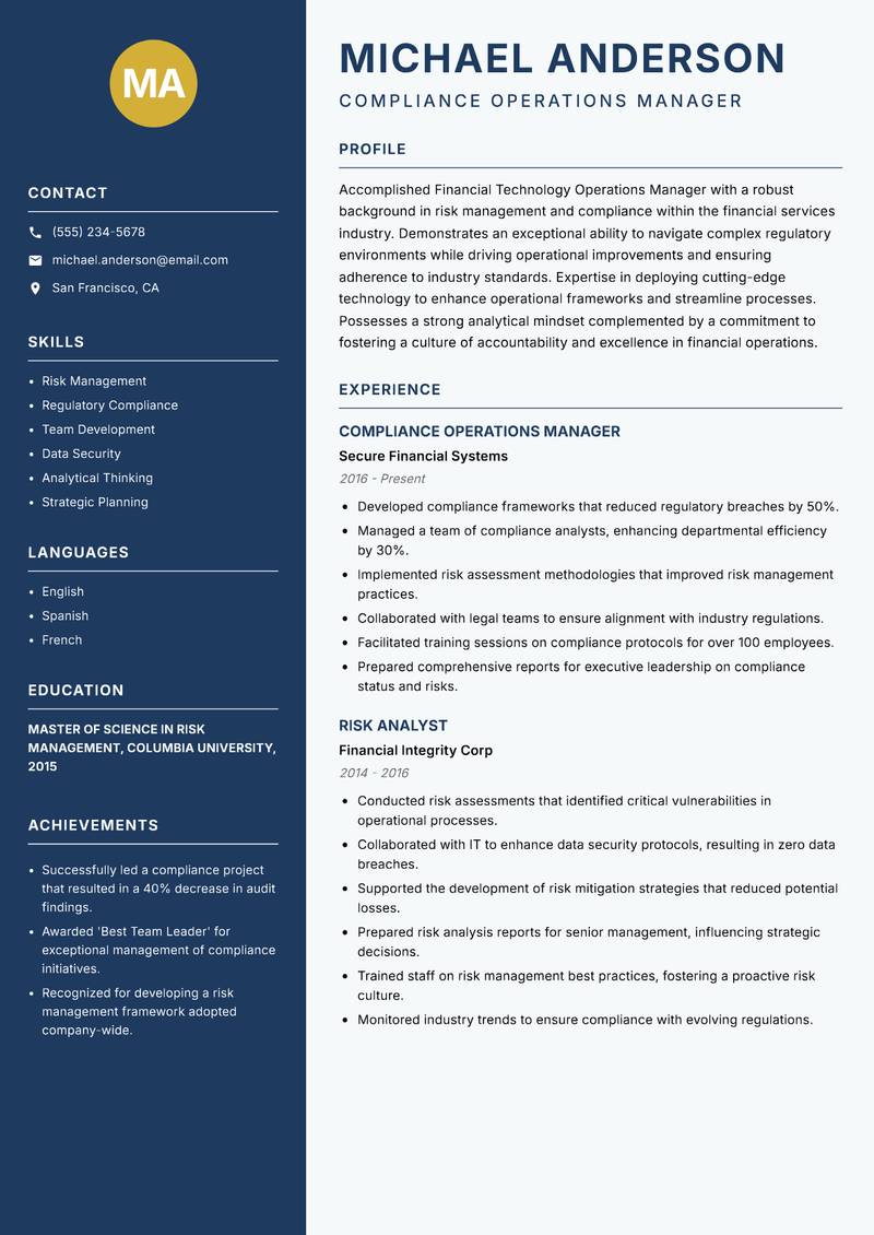 Financial Technology Operations Manager resume sample — Compliance Operations Manager focus