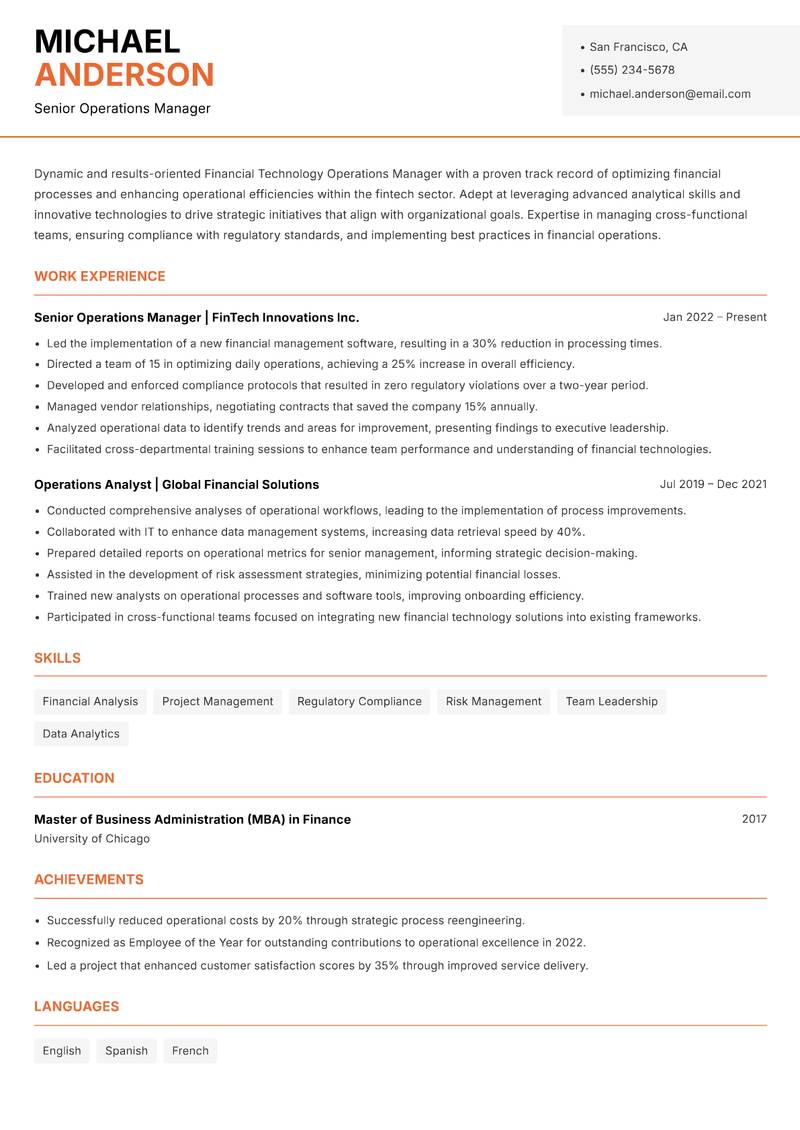Financial Technology Operations Manager resume sample — Senior Operations Manager focus