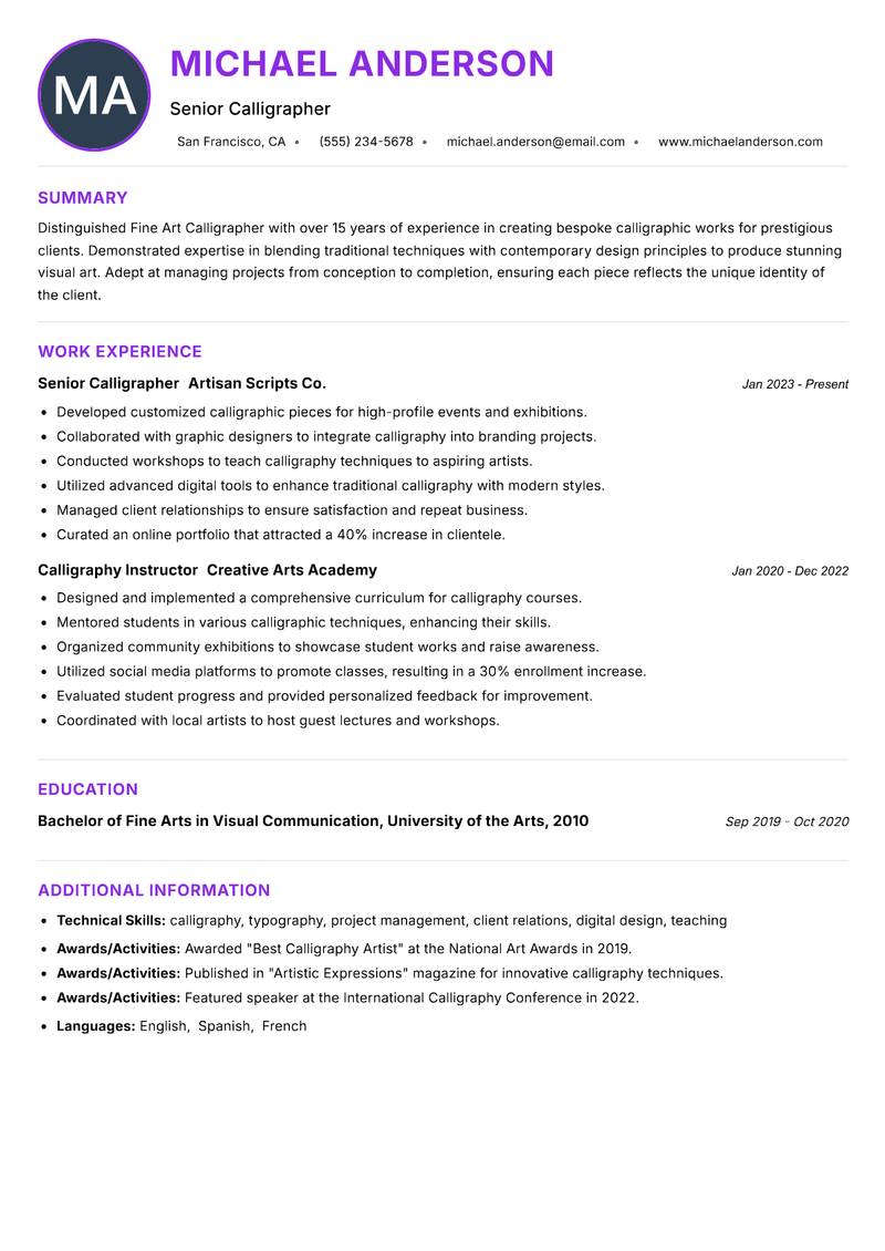 Fine Art Calligrapher resume example