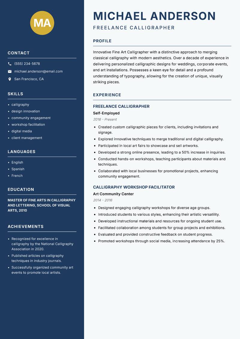 Fine Art Calligrapher resume sample — Freelance Calligrapher focus