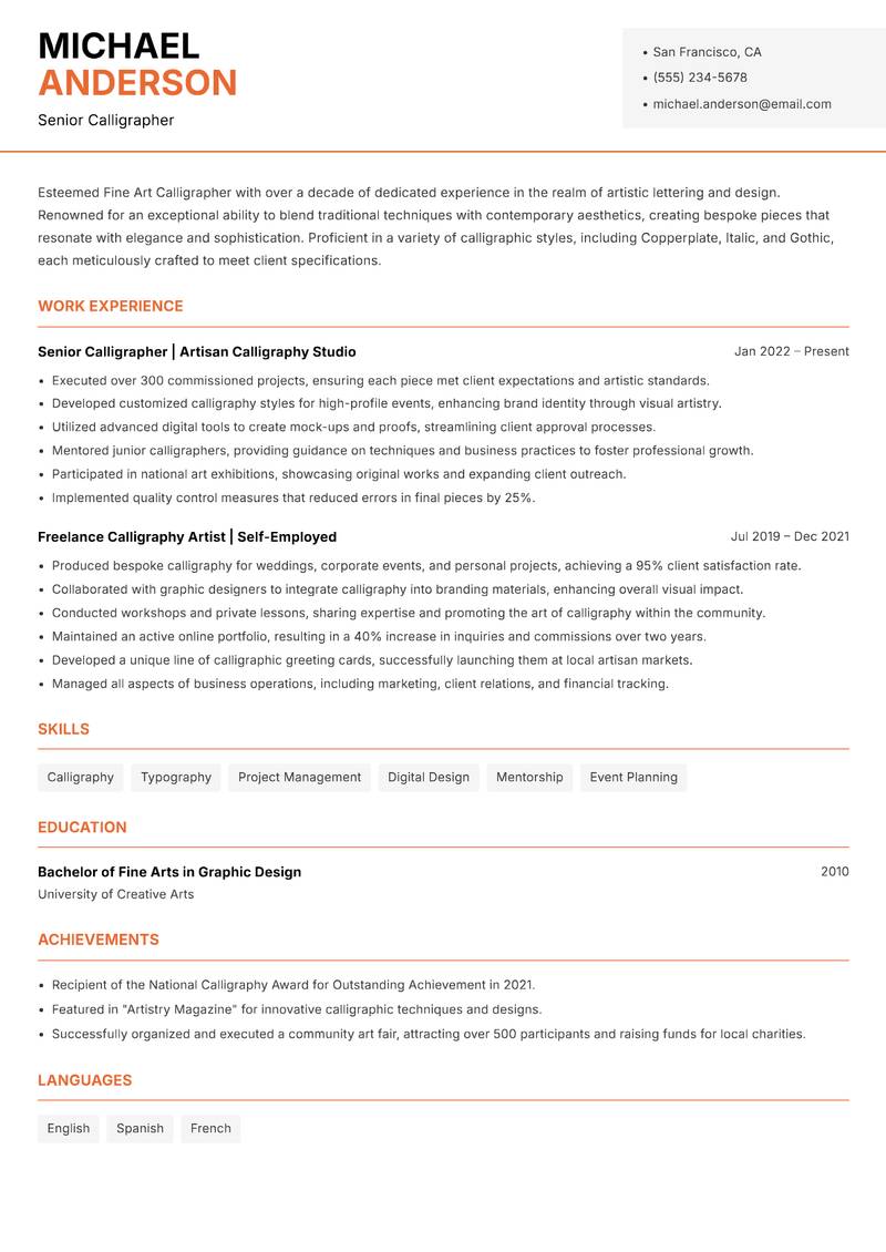 Fine Art Calligrapher resume sample — Senior Calligrapher focus
