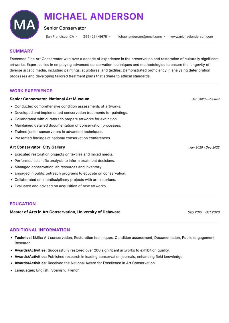 Fine Art Conservator resume example