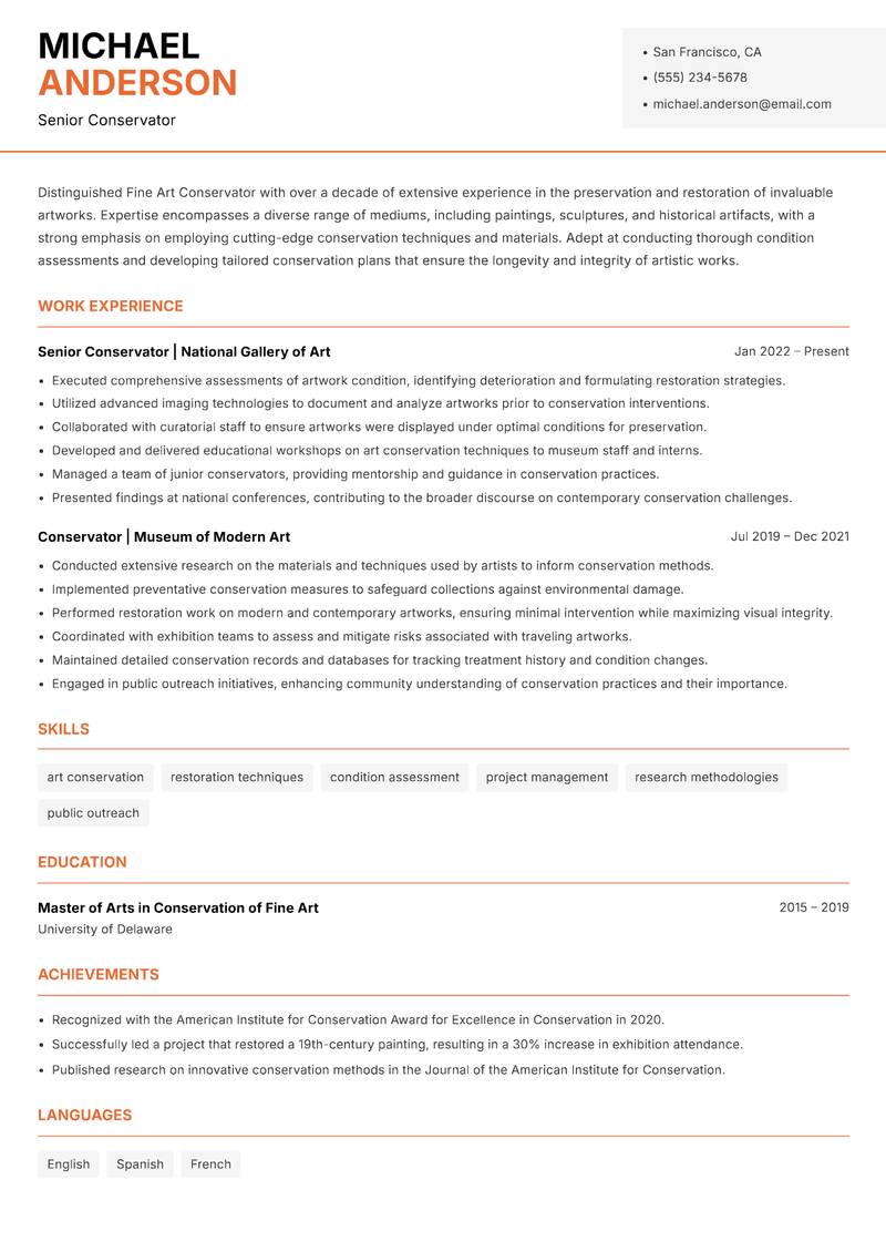Fine Art Conservator resume sample — Senior Conservator focus