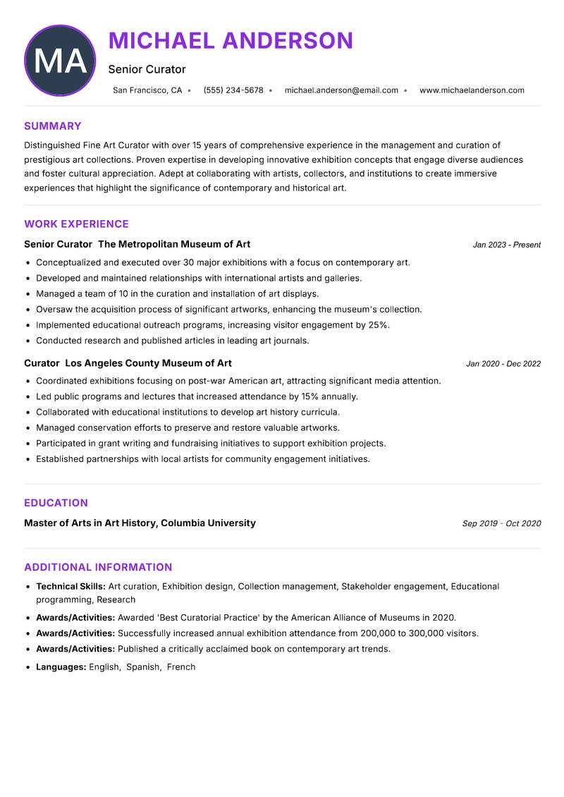 Fine Art Curator resume example