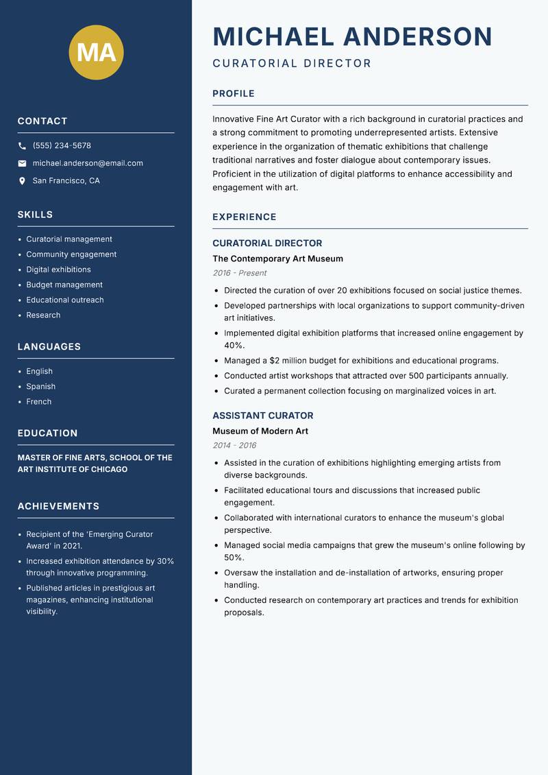 Fine Art Curator resume sample — Curatorial Director focus