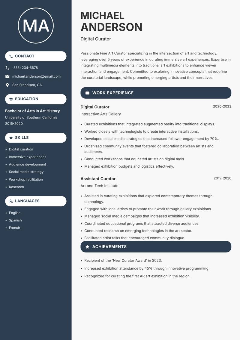 Fine Art Curator resume sample — Digital Curator focus