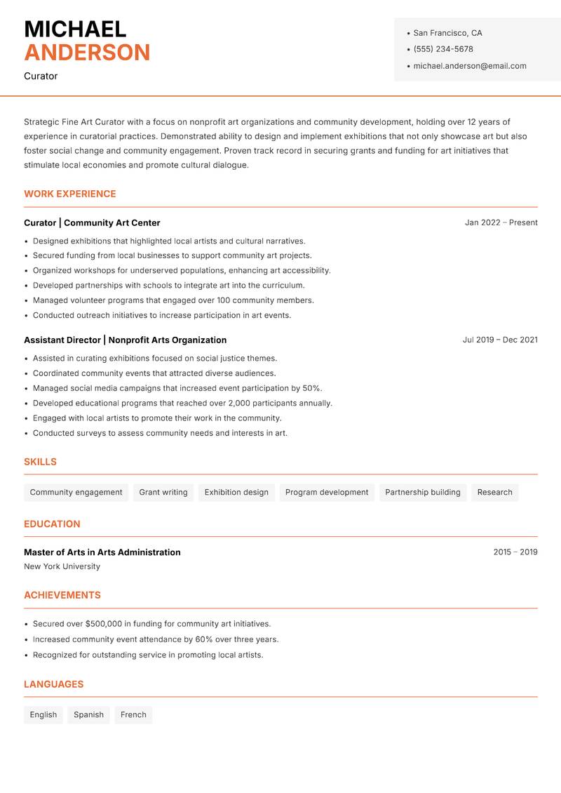 Fine Art Curator resume sample — Curator focus