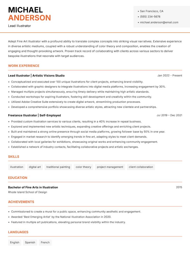 Fine Art Illustrator resume sample — Lead Illustrator focus