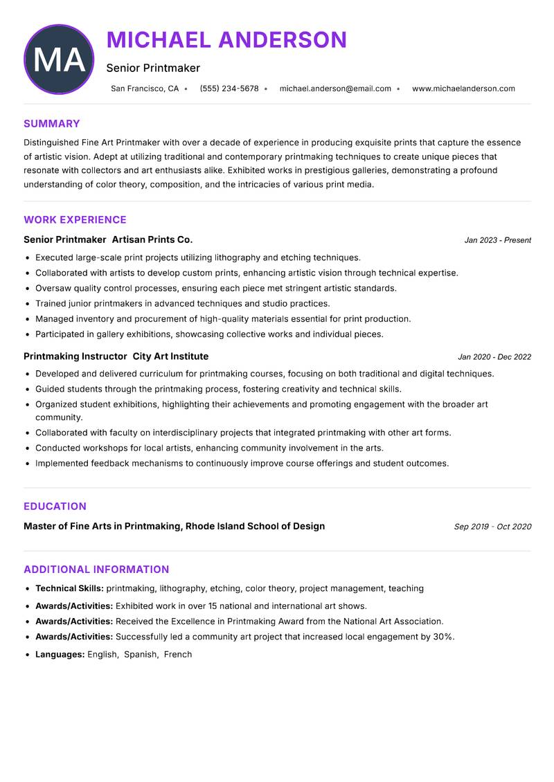 Fine Art Printmaker resume example