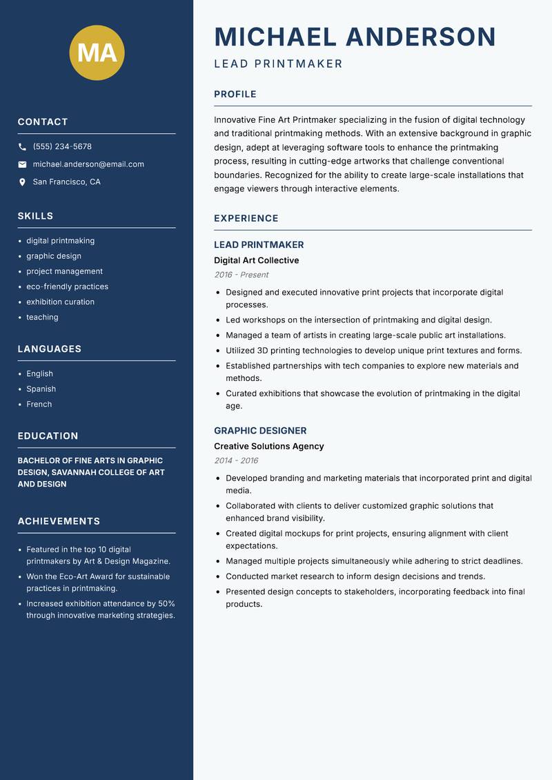 Fine Art Printmaker resume sample — Lead Printmaker focus