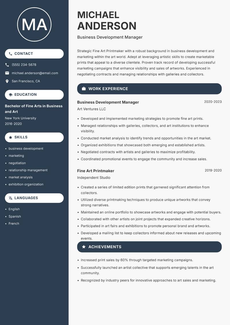 Fine Art Printmaker resume sample — Business Development Manager focus
