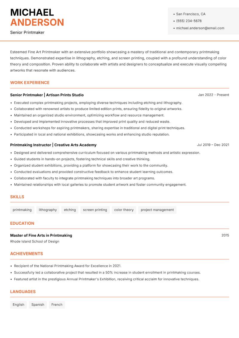 Fine Art Printmaker resume sample — Senior Printmaker focus