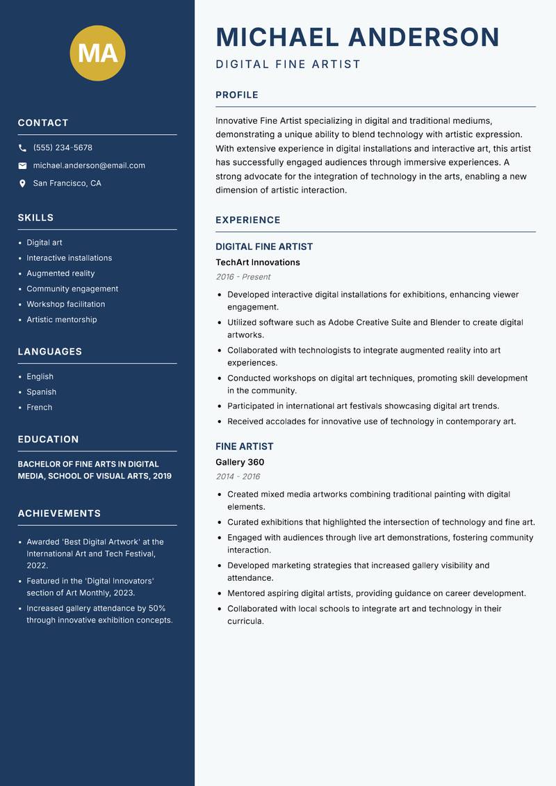 Fine Artist resume sample — Digital Fine Artist focus