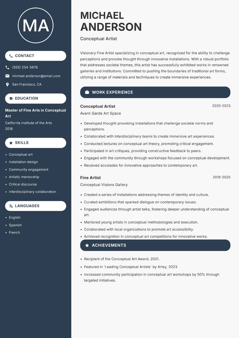 Fine Artist resume sample — Conceptual Artist focus