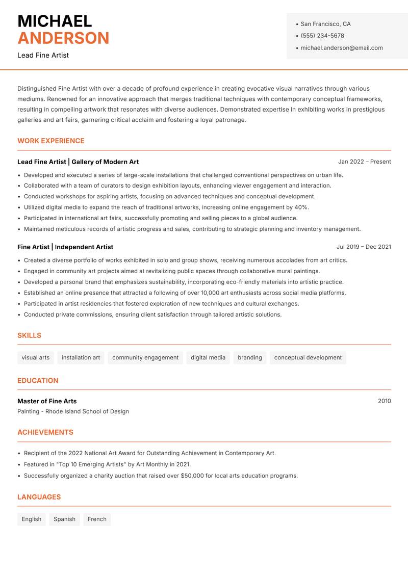 Fine Artist resume sample — Lead Fine Artist focus