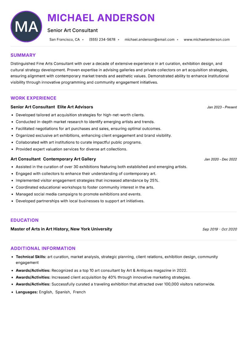 Fine Arts Consultant resume example
