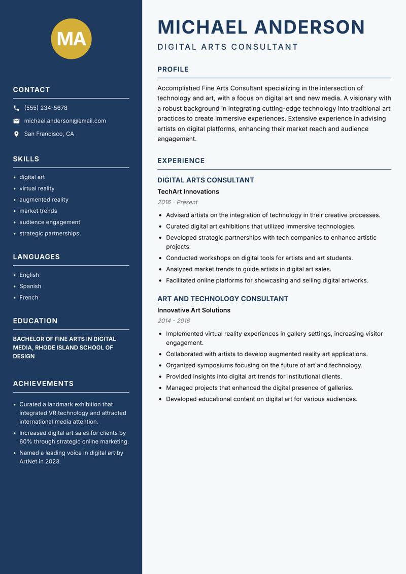 Fine Arts Consultant resume sample — Digital Arts Consultant focus