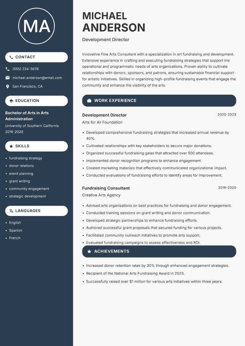 Fine Arts Consultant resume sample — Development Director focus