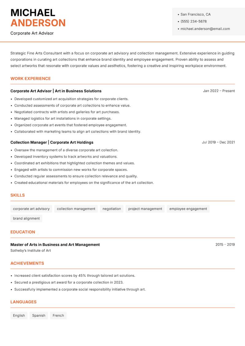 Fine Arts Consultant resume sample — Corporate Art Advisor focus