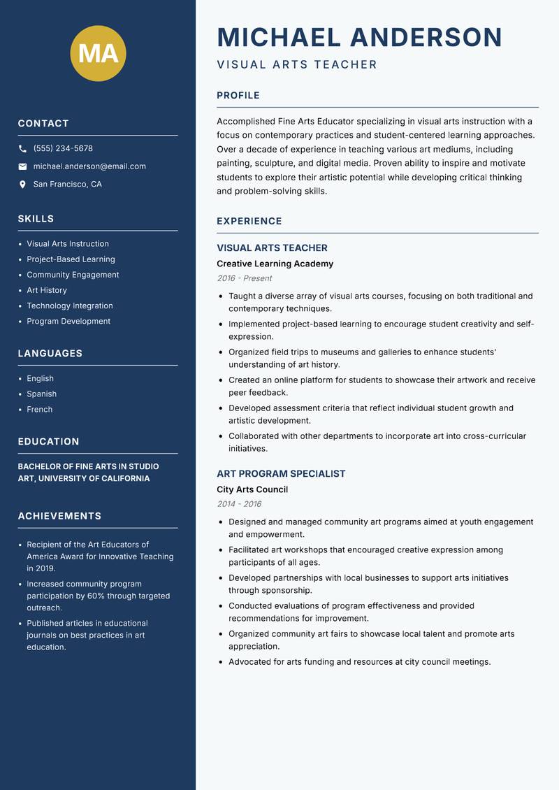 Fine Arts Educator resume sample — Visual Arts Teacher focus
