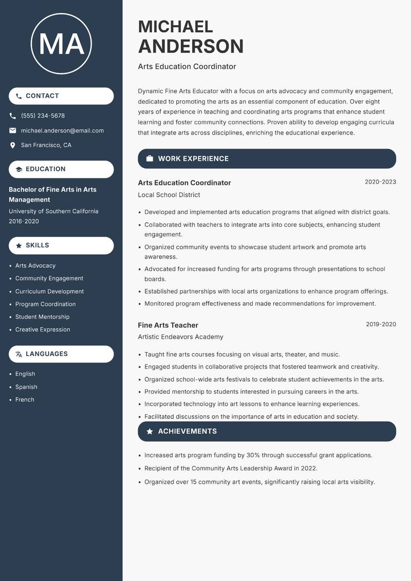 Fine Arts Educator resume sample — Arts Education Coordinator focus