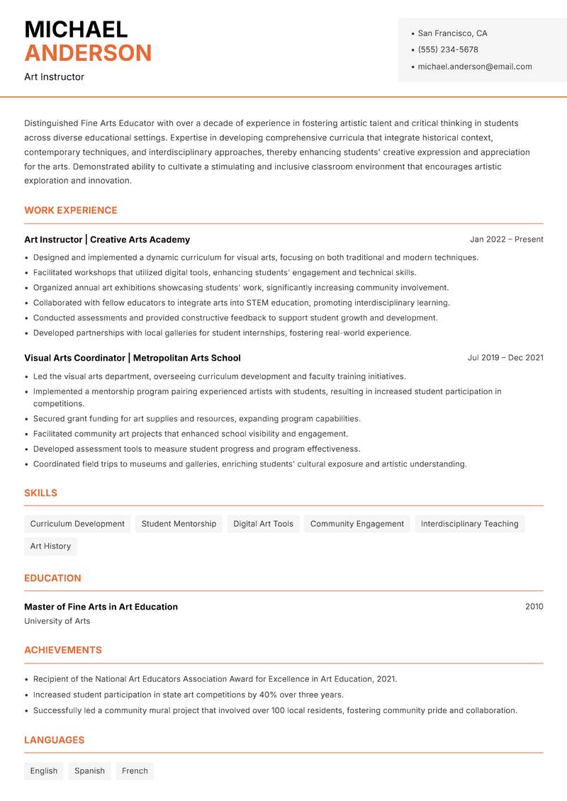 Fine Arts Educator resume sample — Art Instructor focus