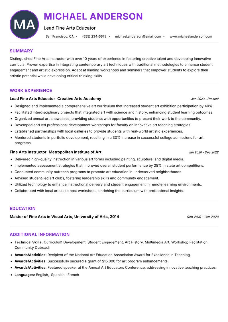 Fine Arts Instructor resume example