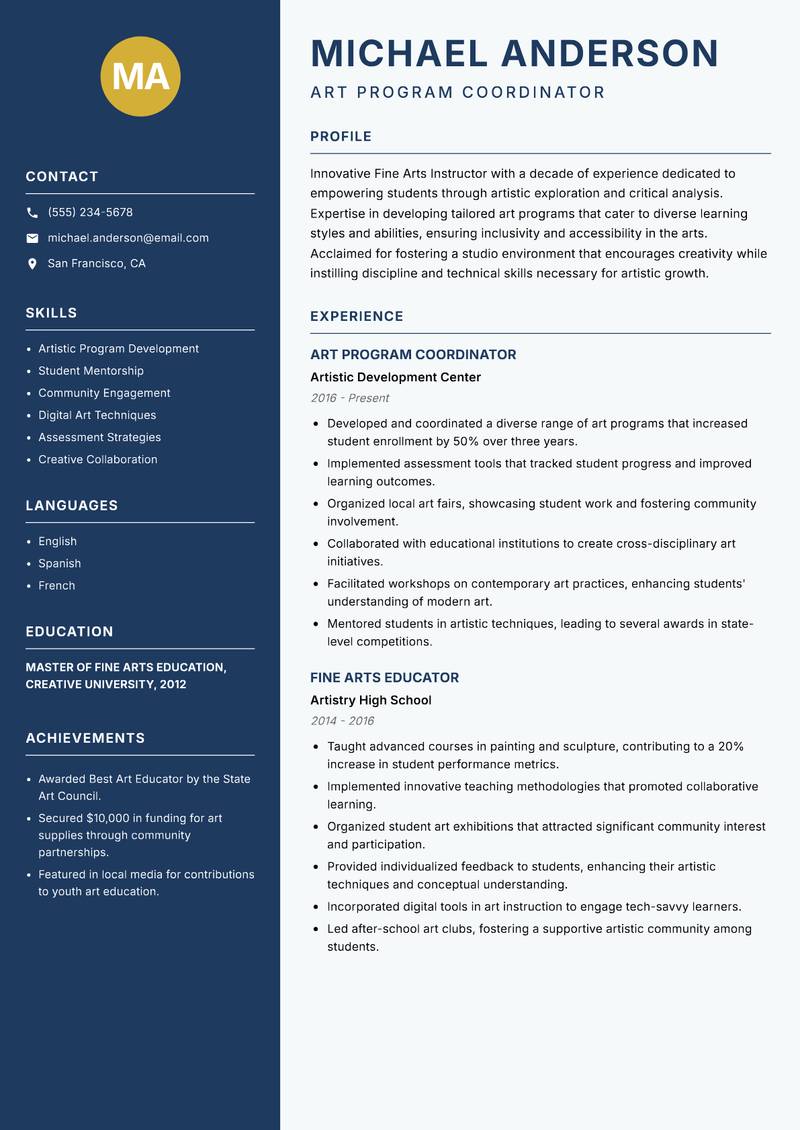 Fine Arts Instructor resume sample — Art Program Coordinator focus