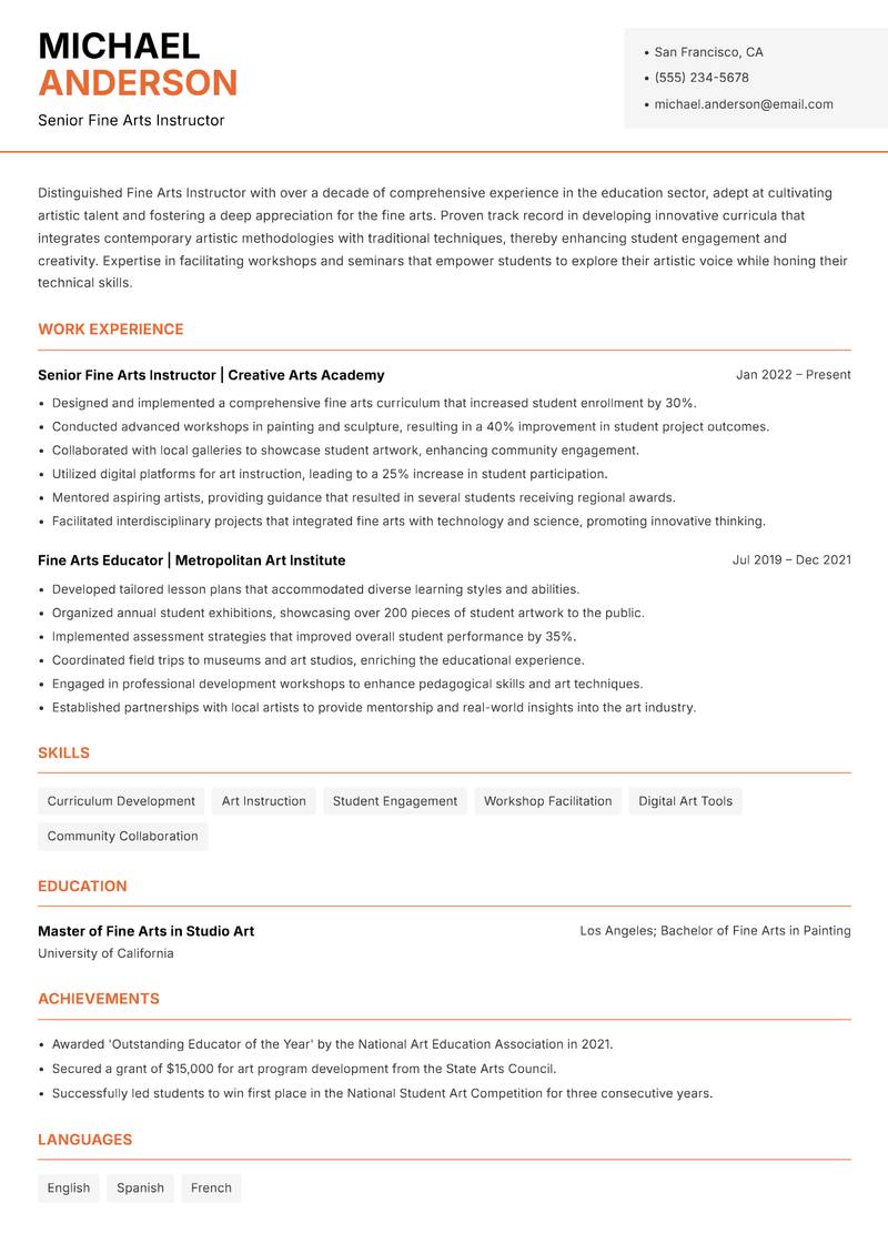 Fine Arts Instructor resume sample — Senior Fine Arts Instructor focus