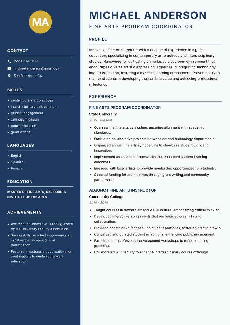 Fine Arts Lecturer resume sample — Fine Arts Program Coordinator focus