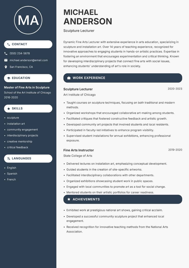 Fine Arts Lecturer resume sample — Sculpture Lecturer focus