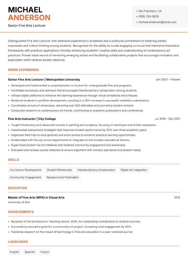 Fine Arts Lecturer resume sample — Senior Fine Arts Lecturer focus
