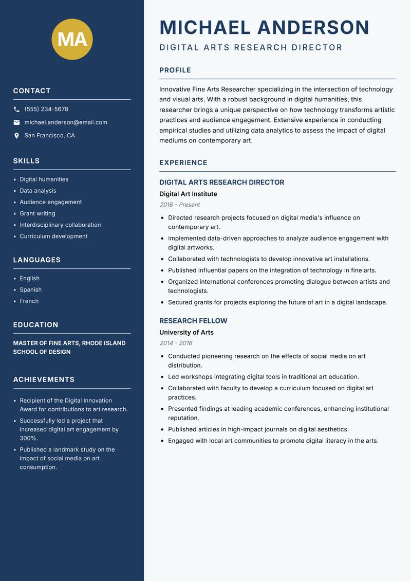 Fine Arts Researcher resume sample — Digital Arts Research Director focus