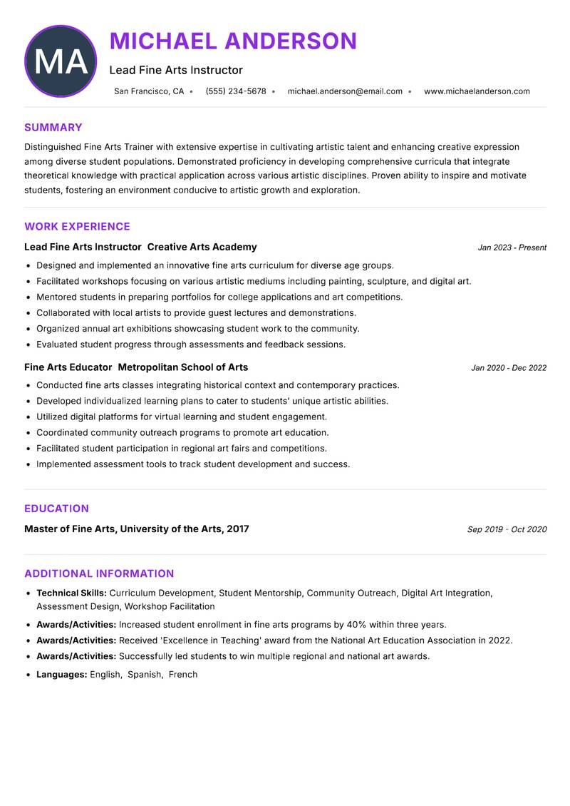 Fine Arts Trainer resume example