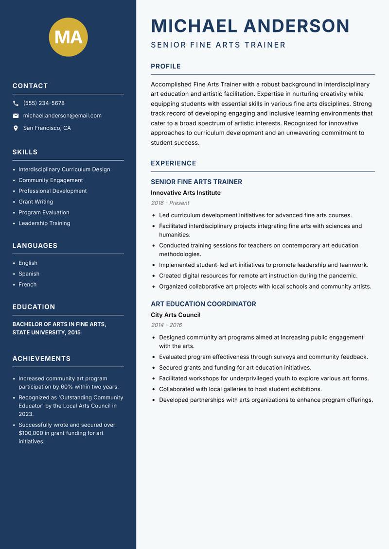 Fine Arts Trainer resume sample — Senior Fine Arts Trainer focus
