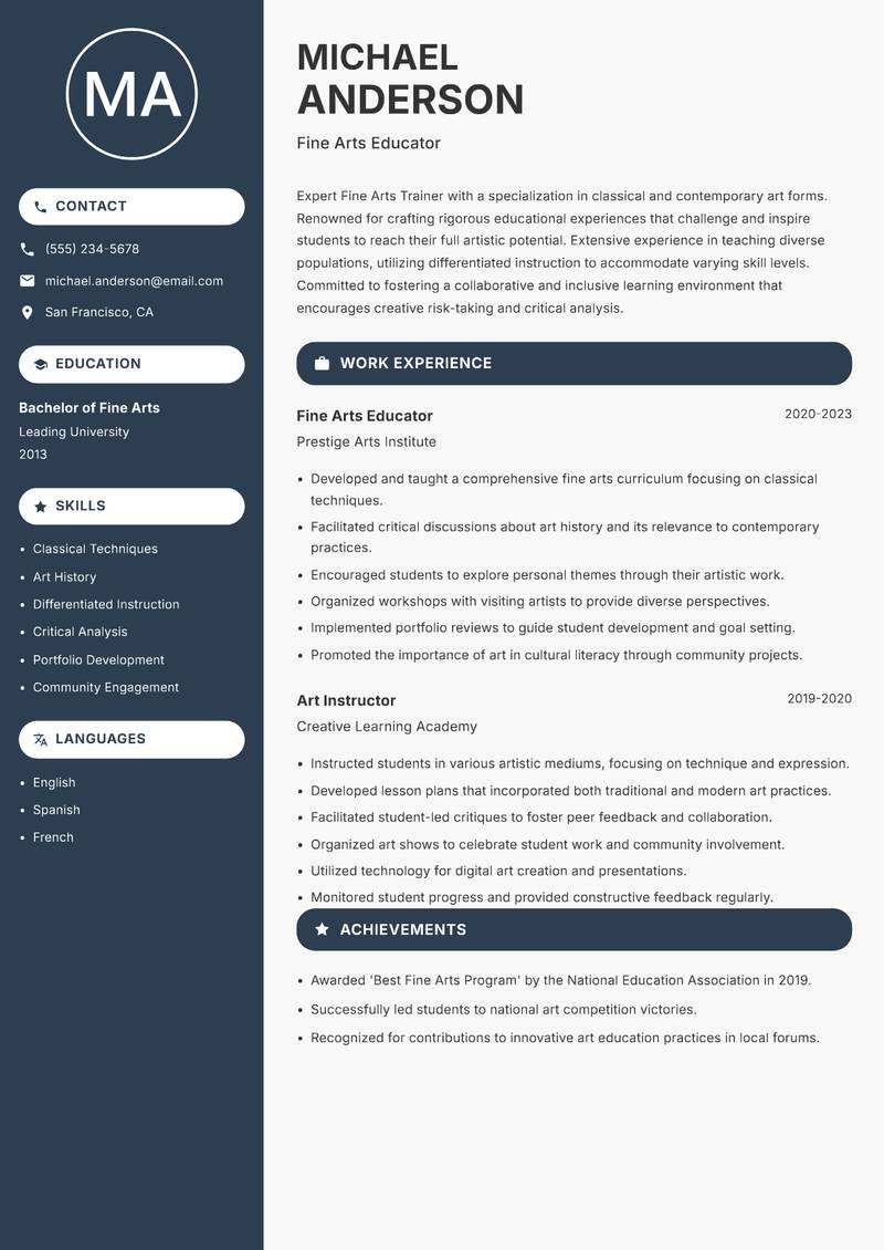 Fine Arts Trainer resume sample — Fine Arts Educator focus