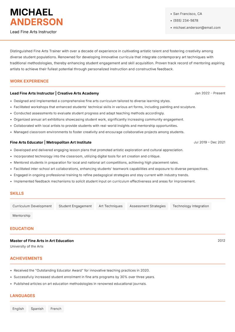 Fine Arts Trainer resume sample — Lead Fine Arts Instructor focus