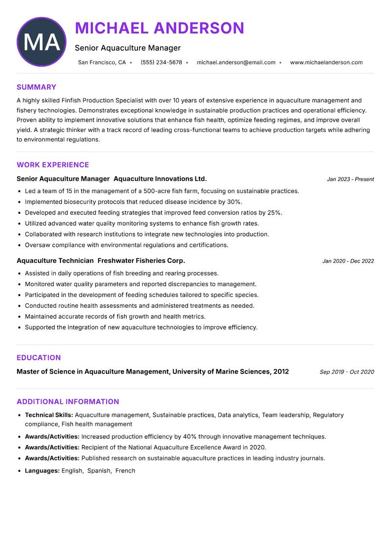 Finfish Production Specialist resume example